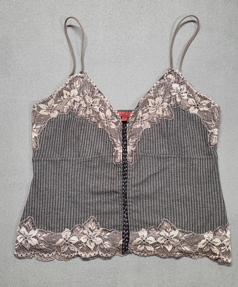BKE Womens Large Ribbed Camisole Tank Top Lace Trim Romantic Stretch V Neck